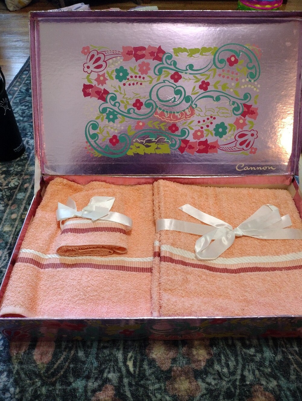 Vintage MCM Cannon Peach and White Striped Bath & Hand Towel Gift Set